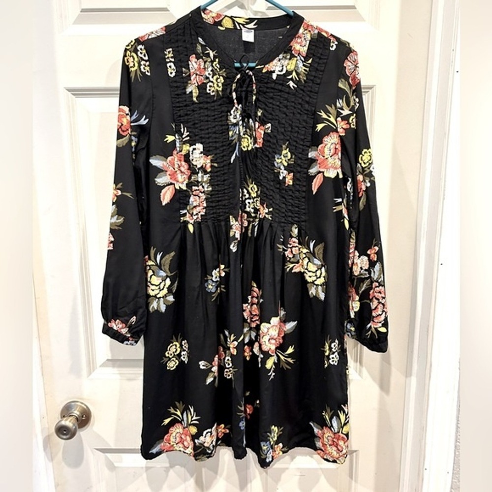 Old Navy Womens Black Floral Pintuck Boho Tunic Dress Long Sleeve Rayon Medium